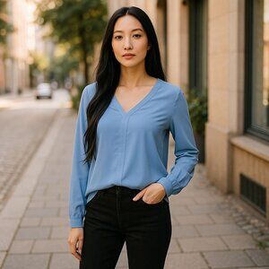 NEW J.Crew Womens Size L Top Light Blue V-Neck Long-Sleeve Summer Blouse